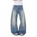 Women's American Retro Ripped Blue Jeans Unique Style Loose Fit Versatile Straight Leg Wide Leg Pants_mkmklike.com