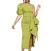 Women's Large S-3XL Temperament Waist Wrapped Bubble Sleeve Banquet Split Dress_mkmklike.com