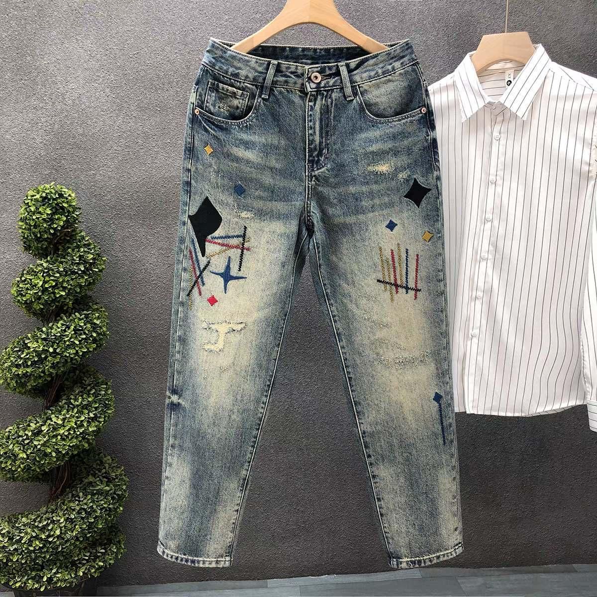 Men's Clothing Street Washed Distressed Fashion Jeans Straight Loose High Street Vibe Style Long Pants_mkmklike.com