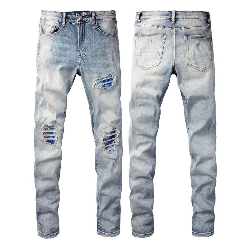 Men's Clothing Men's Fashion Brand High Street Ripped Jeans Men's Elastic Colorful Patch Men's Skinny Pants_mkmklike.com