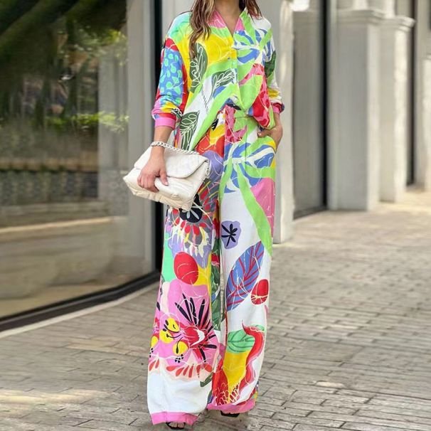 Women's Style Printed Loose Long Sleeve Wide Leg Pants Fashion Suit_mkmklike.com