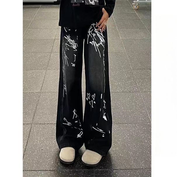 Men’s Graffiti Washed Straight-Leg Jeans – American Vintage Style, Wide Fit, Sizes S-3XL_mkmklike.com