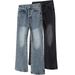 Cleanfit517 Vintage Wash Blue & Black Straight Leg Distressed Flared Jeans For Men & Women – Comfortable Cotton Denim With Frayed Hem_mkmklike.com