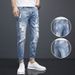Summer Thin Cropped Ripped Jeans For Men, Light-colored Slim-fit Skinny Pa, Korean-style Trendy Distressed 9-point_mkmklike.com