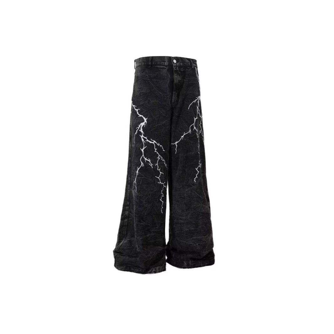 Men's Clothing Spring And Autumn Design Lightning Embroidered Jeans For Men And Women American Street Loose Casual Washed Wide Leg Trousers Trend_mkmklike.com