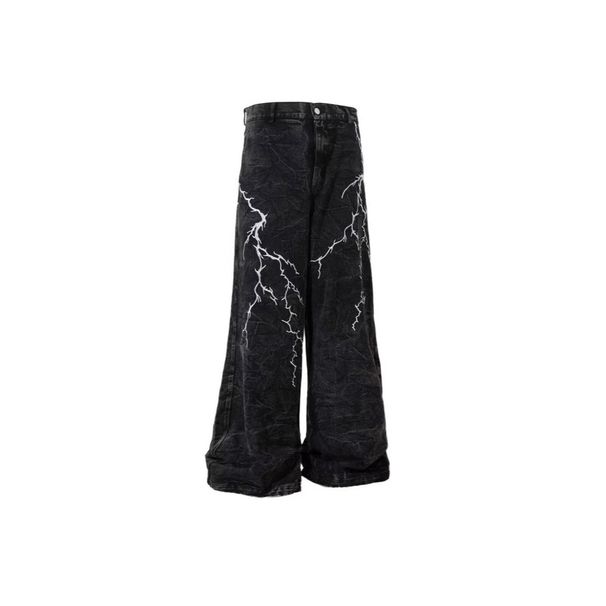 Men's Clothing Spring And Autumn Design Lightning Embroidered Jeans For Men And Women American Street Loose Casual Washed Wide Leg Trousers Trend_mkmklike.com