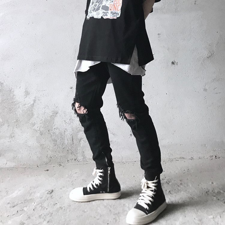 Distressed Black Skinny Jeans With Side Zipper - High Street Unisex Fashion (S-Xxl) Breathable Cotton Blend_mkmklike.com