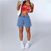 Classic Blue Denim Shorts For Women - Mid-Rise Straight Leg Summer Shorts With Button Detail, Comfort Stretch_mkmklike.com