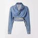 Design Sense Top Coat Cross Lapel Hollow Out Waistband Belt Short Women's Denim Jacket_mkmklike.com