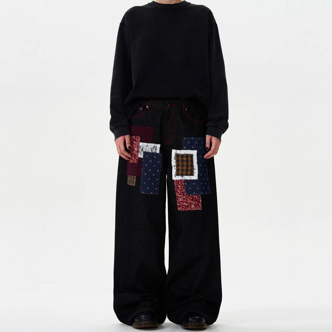 Men's Clothing Small Design Sense Spring And Autumn New Plaid Patch Design Jeans Men And Women Loose Wide Leg Straight Trousers Trend_mkmklike.com