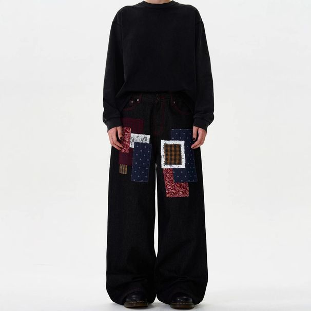 Men's Clothing Small Design Sense Spring And Autumn New Plaid Patch Design Jeans Men And Women Loose Wide Leg Straight Trousers Trend_mkmklike.com