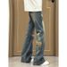 Ethnic Style American Splicing Patch Jeans Men's Retro Pants Straight Down Slightly Pulled Pants Tide_mkmklike.com