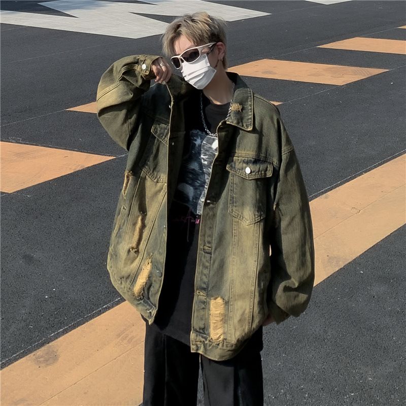 Men's Street Style Vintage Denim Spring And Autumn Loose Fashion Brand Trendy Ripped Jacket, Men's Top_mkmklike.com