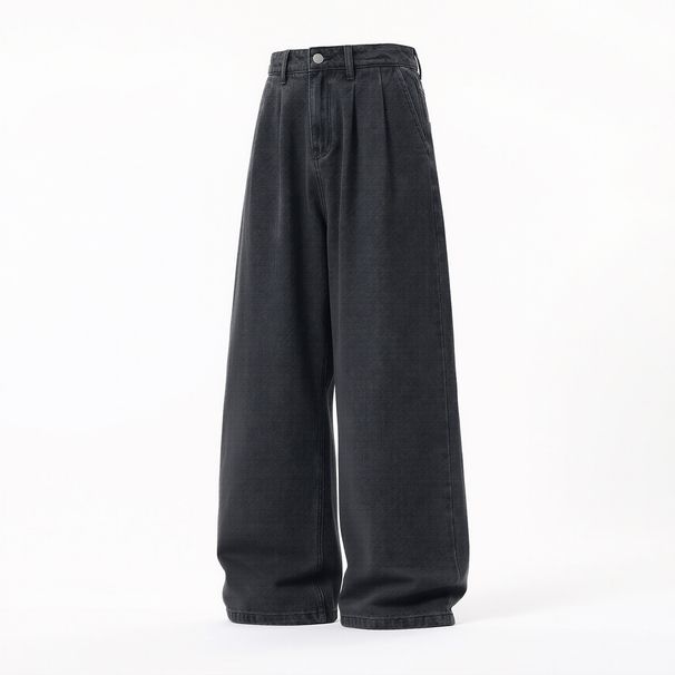 Men's Washed Distressed Denim Jeans Loose Fit Retro Pleated Straight Leg Pants Japanese Style Basic Versatile Spring Style_mkmklike.com