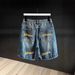 Men's Embroidered Denim Shorts Summer Style Loose Plus Size Mid-Length Retro High Street Five Point Pants_mkmklike.com