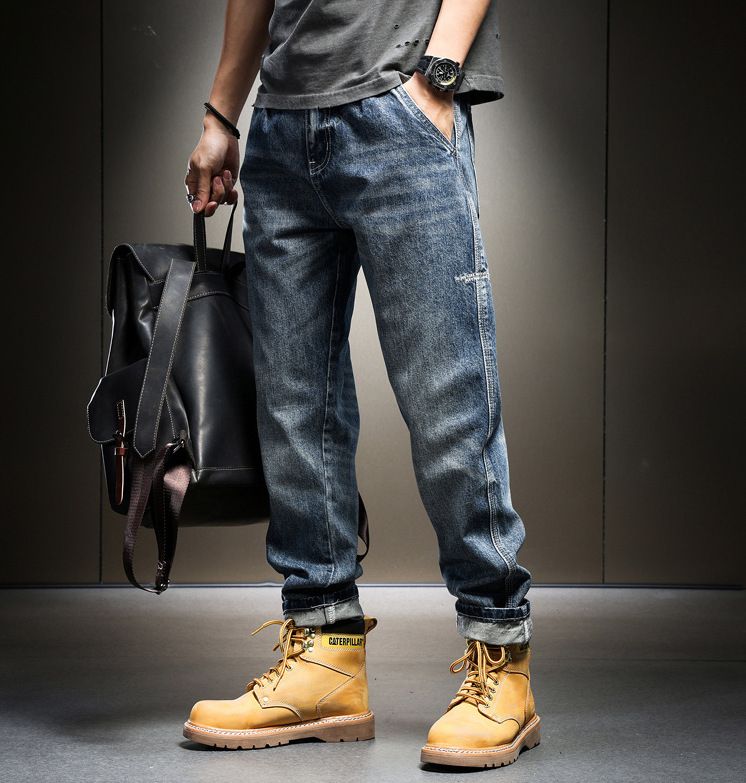 Men's Retro Stretch Jeans Loose Slim Fit Ripped Washed Cropped Harem Pants Trendy Spring Autumn_mkmklike.com