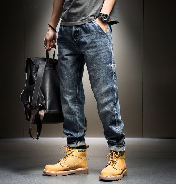 Men's Retro Stretch Jeans Loose Slim Fit Ripped Washed Cropped Harem Pants Trendy Spring Autumn_mkmklike.com