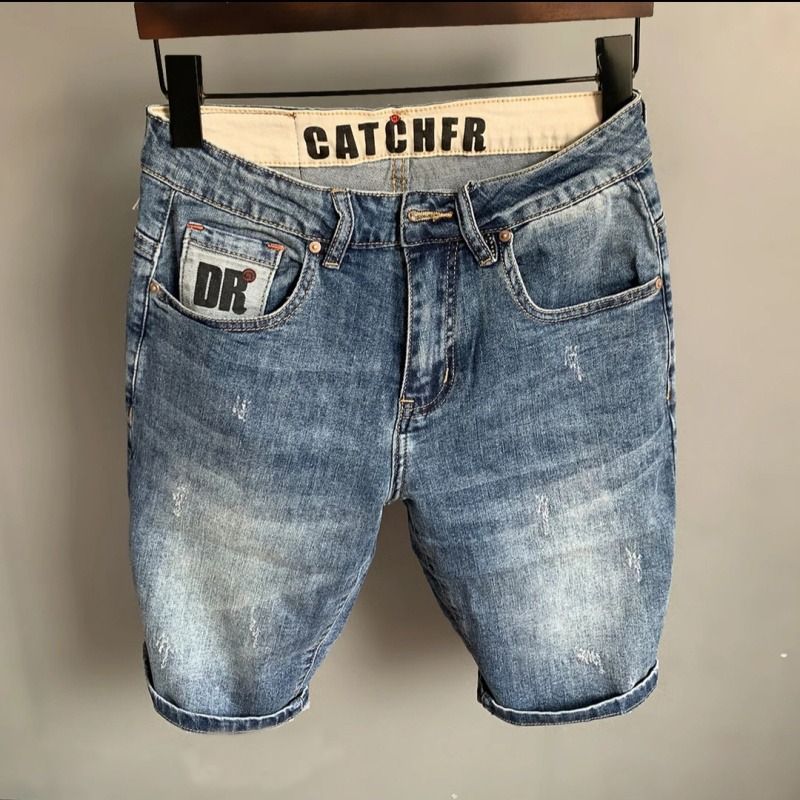 Men's Embroidered Denim Shorts Trendy Loose Straight Leg Casual Distressed Five Point Mid Length Summer Thin Pants_mkmklike.com