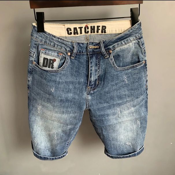 Men's Embroidered Denim Shorts Trendy Loose Straight Leg Casual Distressed Five Point Mid Length Summer Thin Pants_mkmklike.com