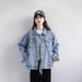 "Women's Oversized Denim Jacket - Vintage Washed Boyfriend Style Loose Fit Spring/Autumn Top (Light Blue/Black)"_mkmklike.com