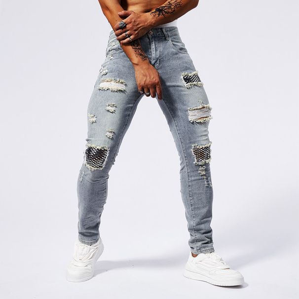 Men's Clothing Men's Casual Ripped Jeans Personality Patch Ins Tight Trousers Jeans_mkmklike.com