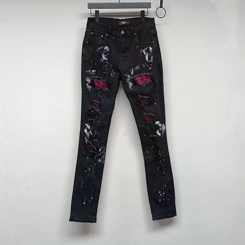 2026 New Independent Eco-friendly Fabric AM Black Hot Diamond Ripped Jeans High Street Black Basic Ripped Skinny Elastic Jeans Trousers_mkmklike.com