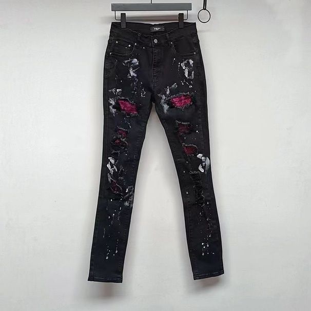 2026 New Independent Eco-friendly Fabric AM Black Hot Diamond Ripped Jeans High Street Black Basic Ripped Skinny Elastic Jeans Trousers_mkmklike.com