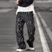 Men's Clothing Men's Trendy Loose Fitting Lightning Patterned Dirty Jeans Straight Leg Wide Leg Pants American High Street Jacquard Jeans_mkmklike.com