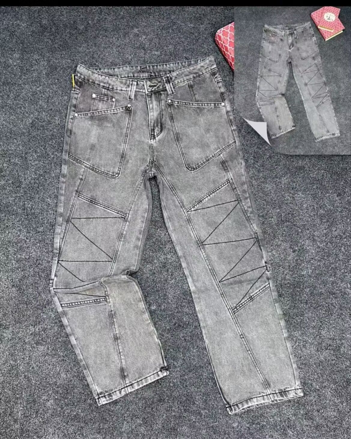 Men's Clothing High Street Washed Distressed Stitching Logging Jeans Men's Retro Fashion Trend Ink Splashed Print Wide Leg Trousers_mkmklike.com