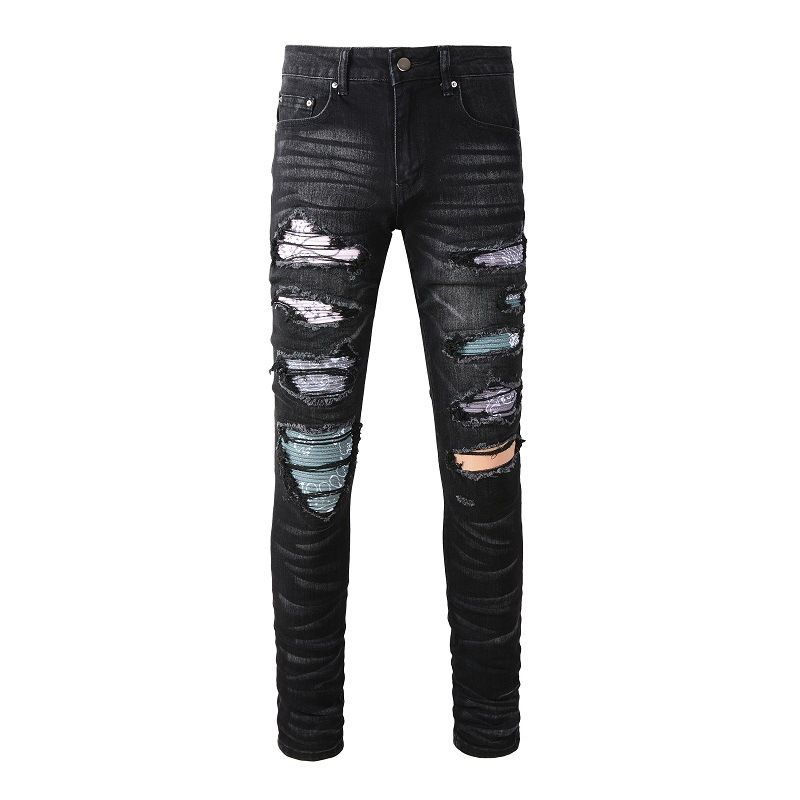 Men's Slim Fit Distressed Jeans With Patchwork & Ripped Details Streetwear Style Stretch Denim Pants For Casual Wear_mkmklike.com