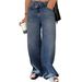 Women's Retro Dark Blue Floor Length Loose Wide Leg Jeans Trousers mid Waist Street Style Cross Border E Commerce_mkmklike.com