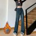 Fleece-Lined Jeans For Women, Autumn And Winter New High-Waisted Loose Straight-Leg Pocket Design Draped Wide-Leg_mkmklike.com