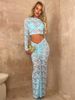 Women's perspective round neck high waist long sleeve waist hip skirt two-piece lace skirt_mkmklike.com