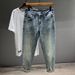Retro Washed Jeans Men's American Trendy Pants Men's Elastic Slim Fit Small Straight Feet Denim Trousers Large Size Men's Clothing_mkmklike.com