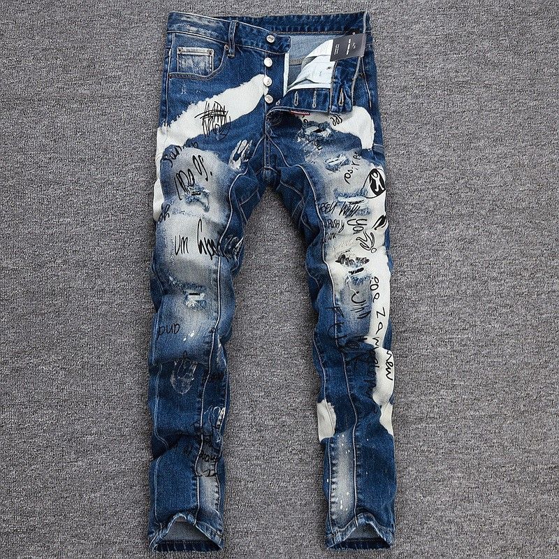 Men's Slim Fit Jeans Small Three Hole Design Autumn Winter Luxury Spray Paint Black Gray High End Casual Pants_mkmklike.com