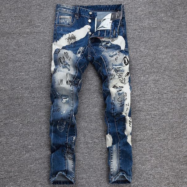 Men's Slim Fit Jeans Small Three Hole Design Autumn Winter Luxury Spray Paint Black Gray High End Casual Pants_mkmklike.com