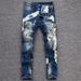 Men's Slim Fit Jeans Small Three Hole Design Autumn Winter Luxury Spray Paint Black Gray High End Casual Pants_mkmklike.com