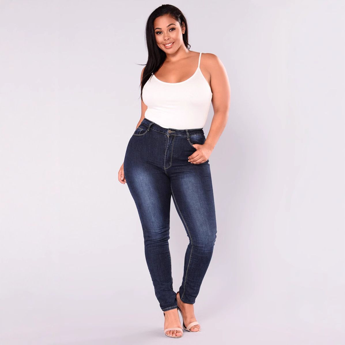ELLE 2018 Europe And America, , Plus Size Fashion Stretch Denim Skinny Pants For Women_mkmklike.com