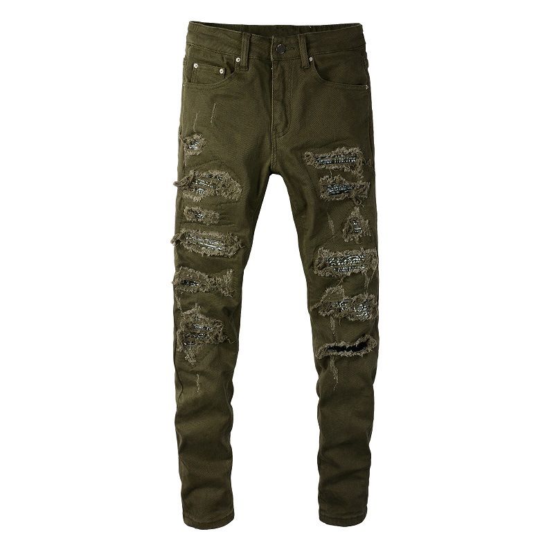 Men's Clothing High Street Men's Jeans Men's Slim Army Green Stretch Ripped Jeans Men's Trousers 851_mkmklike.com