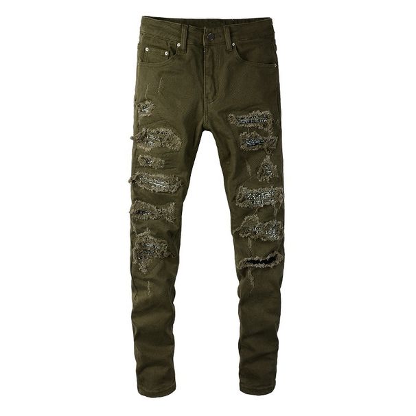 Men's Clothing High Street Men's Jeans Men's Slim Army Green Stretch Ripped Jeans Men's Trousers 851_mkmklike.com
