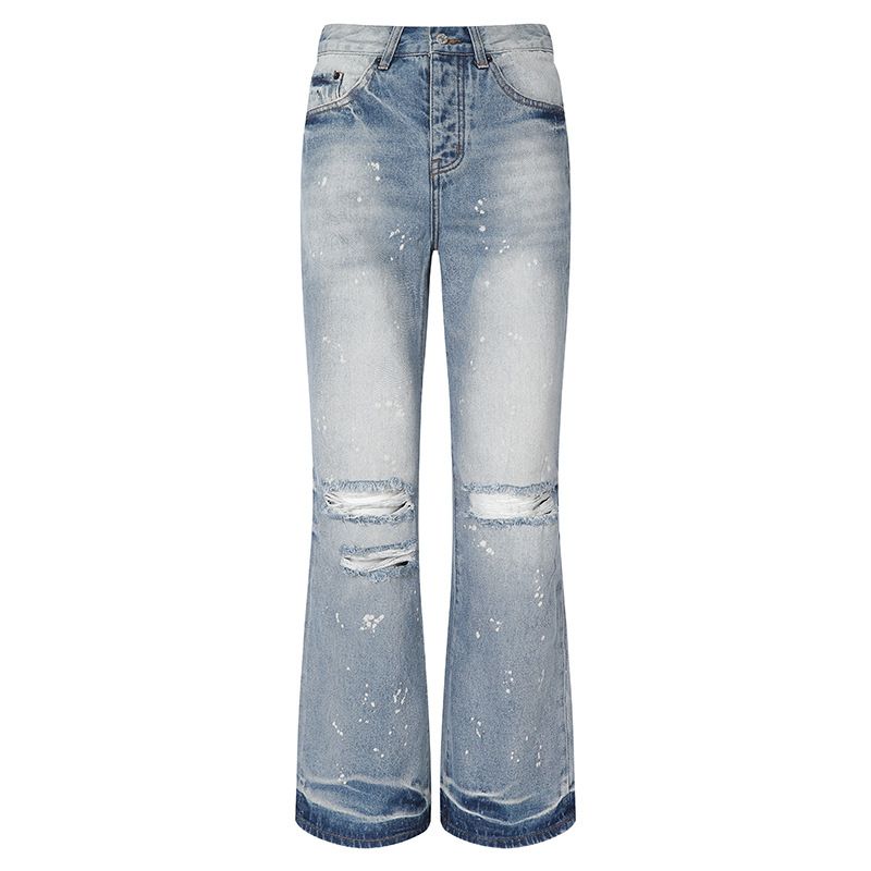 Men's Clothing European And American Street Fashion Ripped Raw Edge Flared Men's Trendy Brand New Loose Distressed Flared Jeans_mkmklike.com