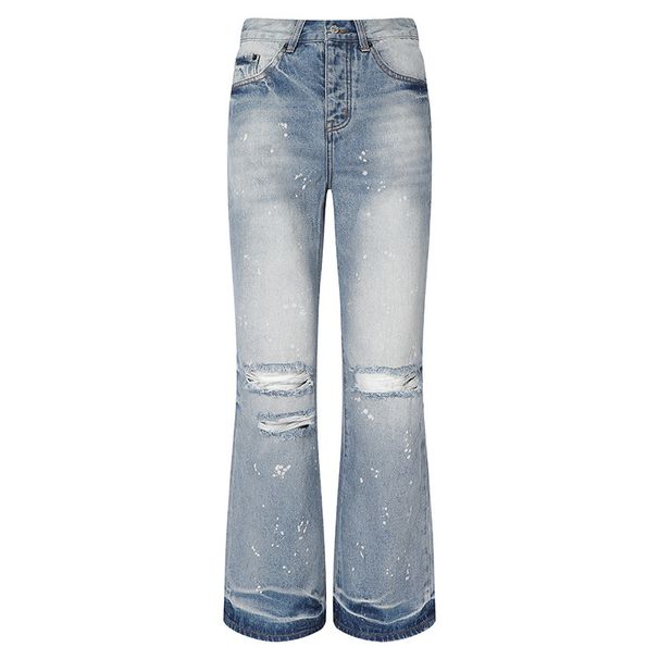 Men's Clothing European And American Street Fashion Ripped Raw Edge Flared Men's Trendy Brand New Loose Distressed Flared Jeans_mkmklike.com