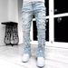 Men's Clothing Creative New Men's Fashion Trend Ins Elastic Tassel Patch Denim Straight Pants_mkmklike.com