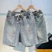 Vintage Washed Denim Shorts For Men, Comfortable Relaxed Fit 5-Pocket Casual Knee-Length Shorts With Adjustable Belt Loops_mkmklike.com