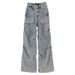 Men's Washed Cargo Jeans Straight Leg Loose Fit Wide Leg American High Street Style Trendy Cool Pleated Retro Trousers_mkmklike.com