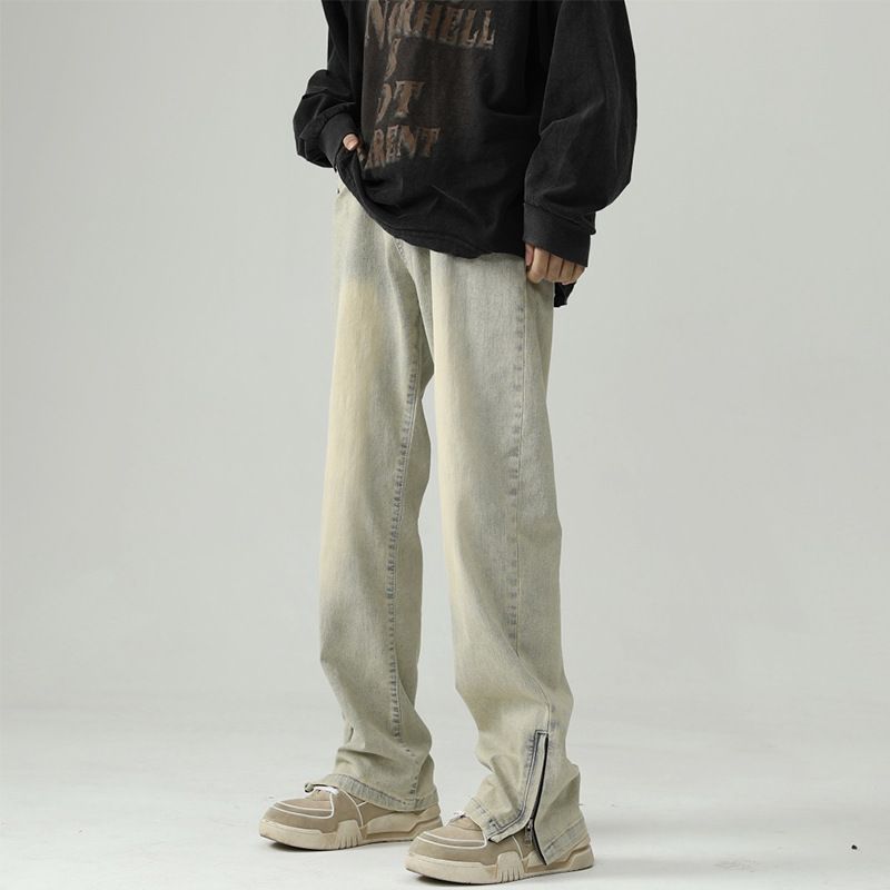 Nordmann Mud Yellow Jeans Men Autumn Winter American Style Slim Fit Slimming Long High Street Zipper Split Casual Pants_mkmklike.com