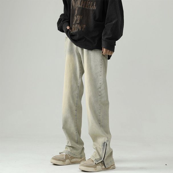 Nordmann Mud Yellow Jeans Men Autumn Winter American Style Slim Fit Slimming Long High Street Zipper Split Casual Pants_mkmklike.com
