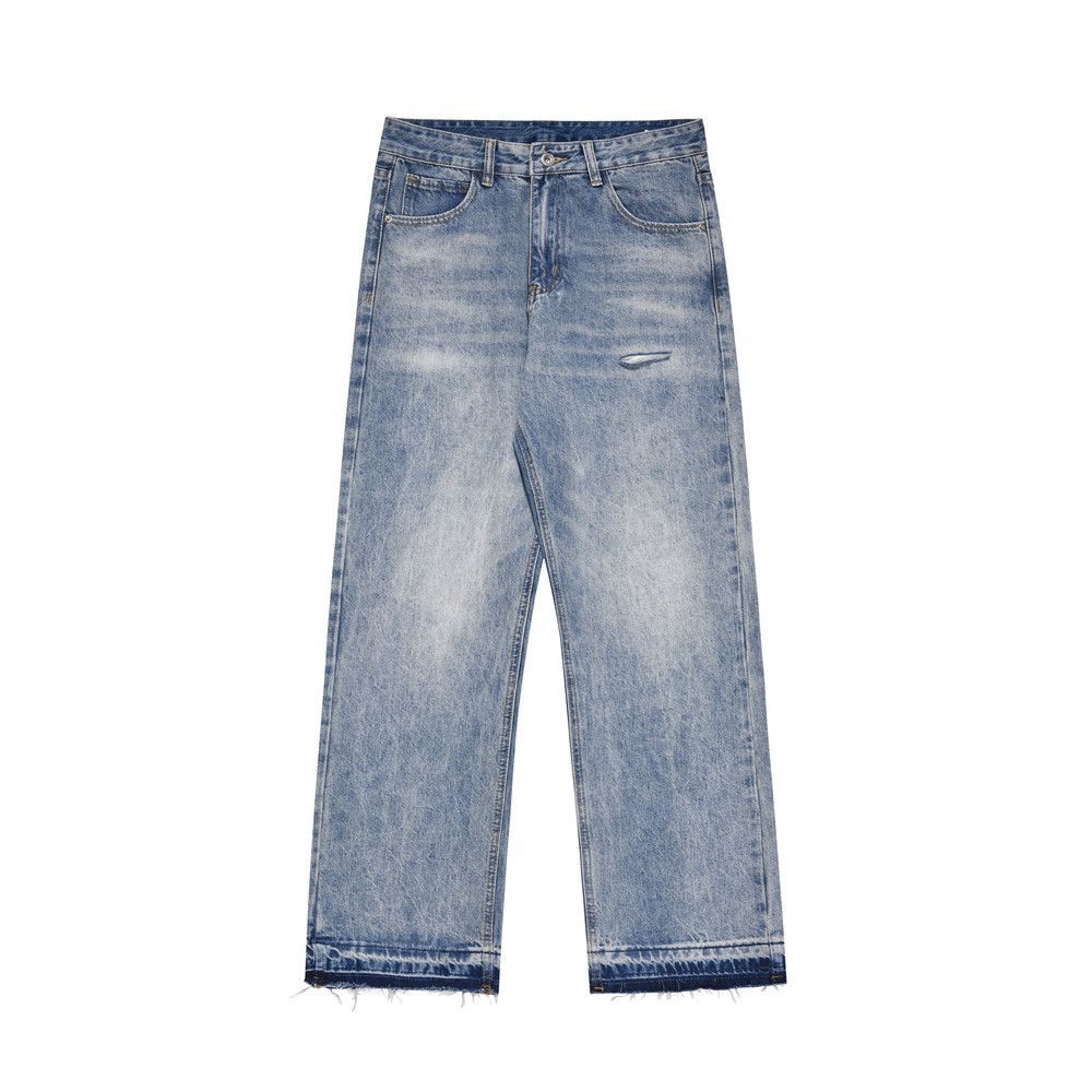 Washed Frayed Edge Jeans Men's Handmade Distressed Straight Long Street Style American Loose Fit All-Season Versatile_mkmklike.com