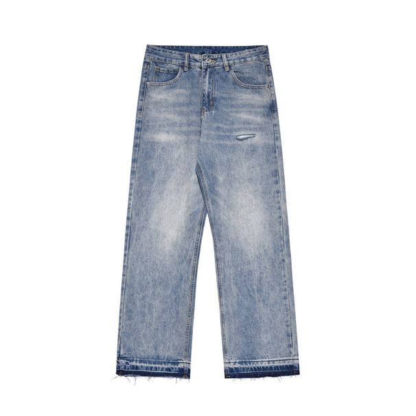 Washed Frayed Edge Jeans Men's Handmade Distressed Straight Long Street Style American Loose Fit All-Season Versatile_mkmklike.com