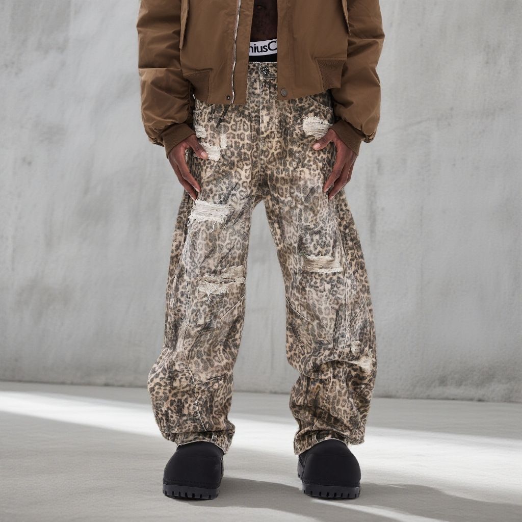Men's Loose Straight Leg Jeans With Leopard Print & Distressed Details - Streetwear Casual Pants For Trendy Looks_mkmklike.com